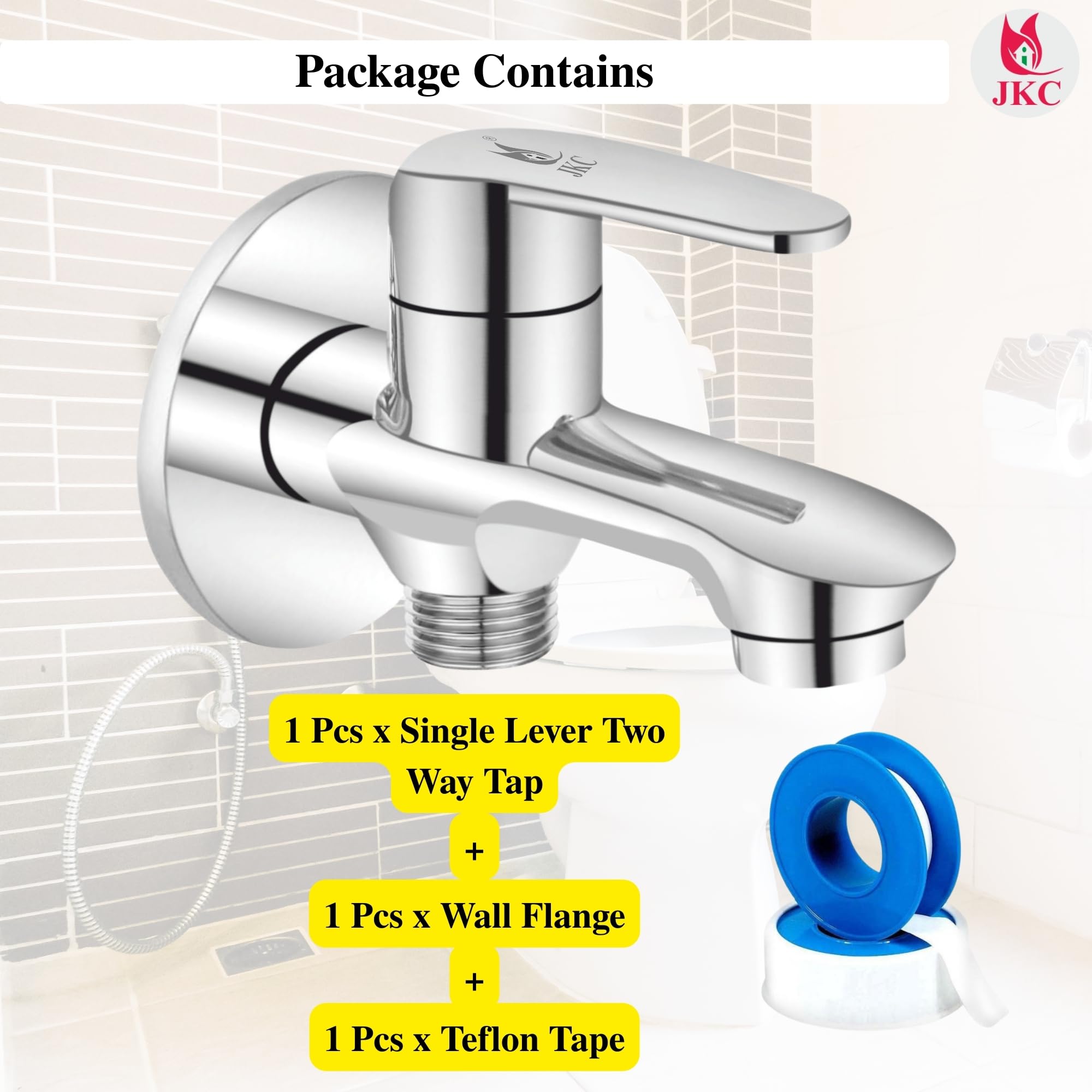 JKC Advanced Single Lever Two Way Bib Tap with Ceramic Cartridge, Dual Tap for Washing Machine, 2 in 1 Tap Functionality, Includes Wall Flange and Teflon Tape, Chrome Finished 4