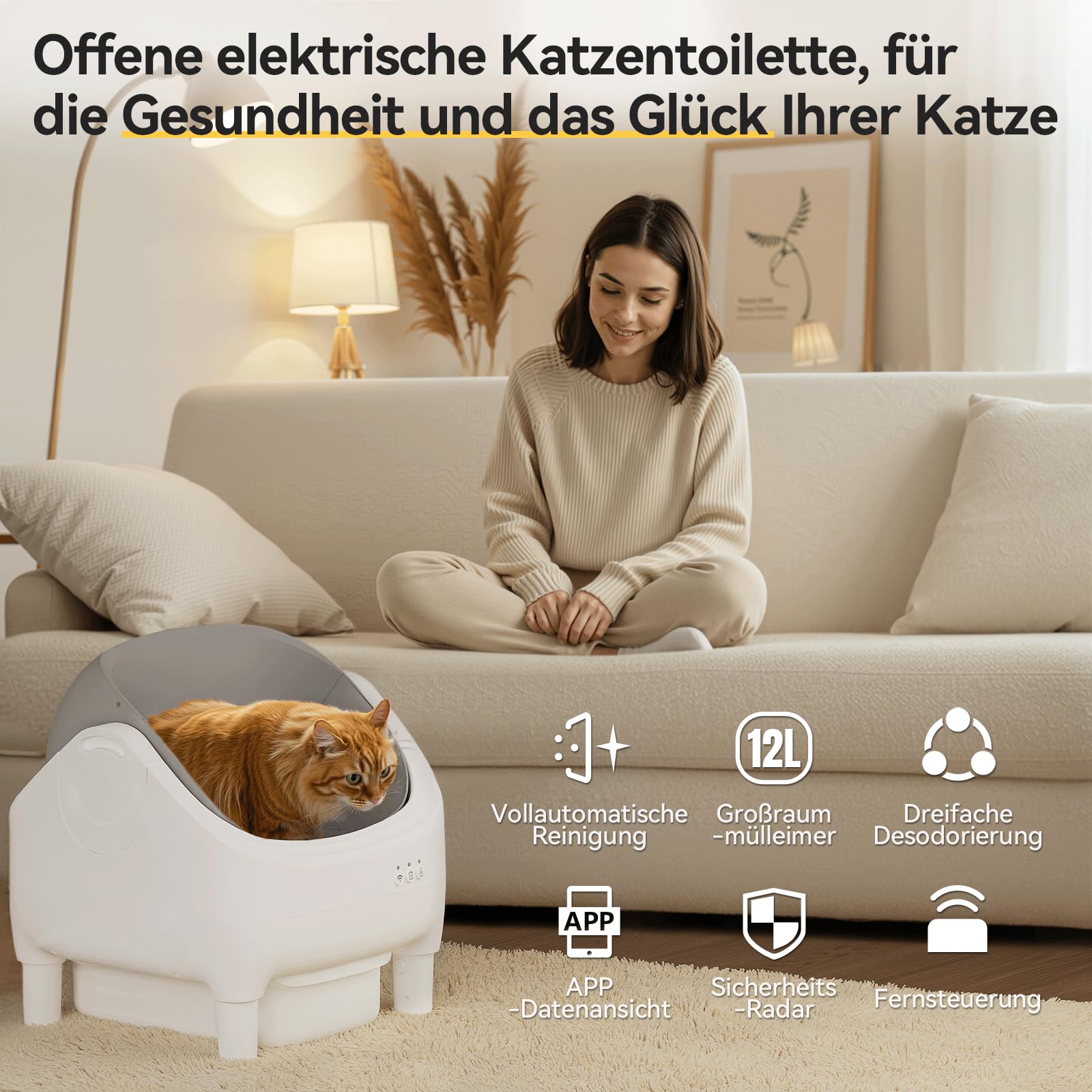 JUMMICO Selbstreiniger Katzenmüllkasten, Top Open Design, XXL Müllschalen für 15 kg Katzen, App Control, 12L 15 Tage dauerhafter Gebrauch, elektrische automatische Müllkasten für Multi Cat