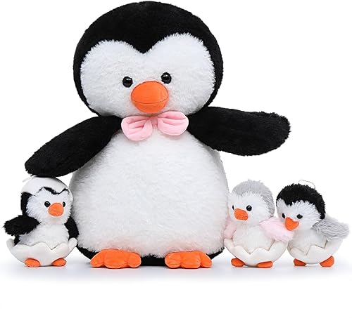 Karister Peluche de pingüino de 16.5 pulgadas con 3 pingüinos bebés, regalos de pingüinos para niños, mujeres, niñas, niños, mini pingüinos, juguete