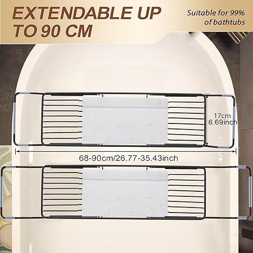 Gold Bathtub Tray with White Marble Base - Adjustable Bath Caddy(Black)