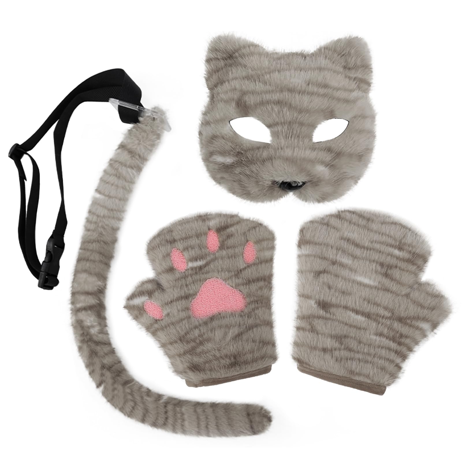 FakeFace Faux Fur Cat Mask Tail Glove Set Furry Animal Costume Plush Mask Paw Glove Hairy Tail Kit for Halloween Cosplay Accessories (Khaki, one size)