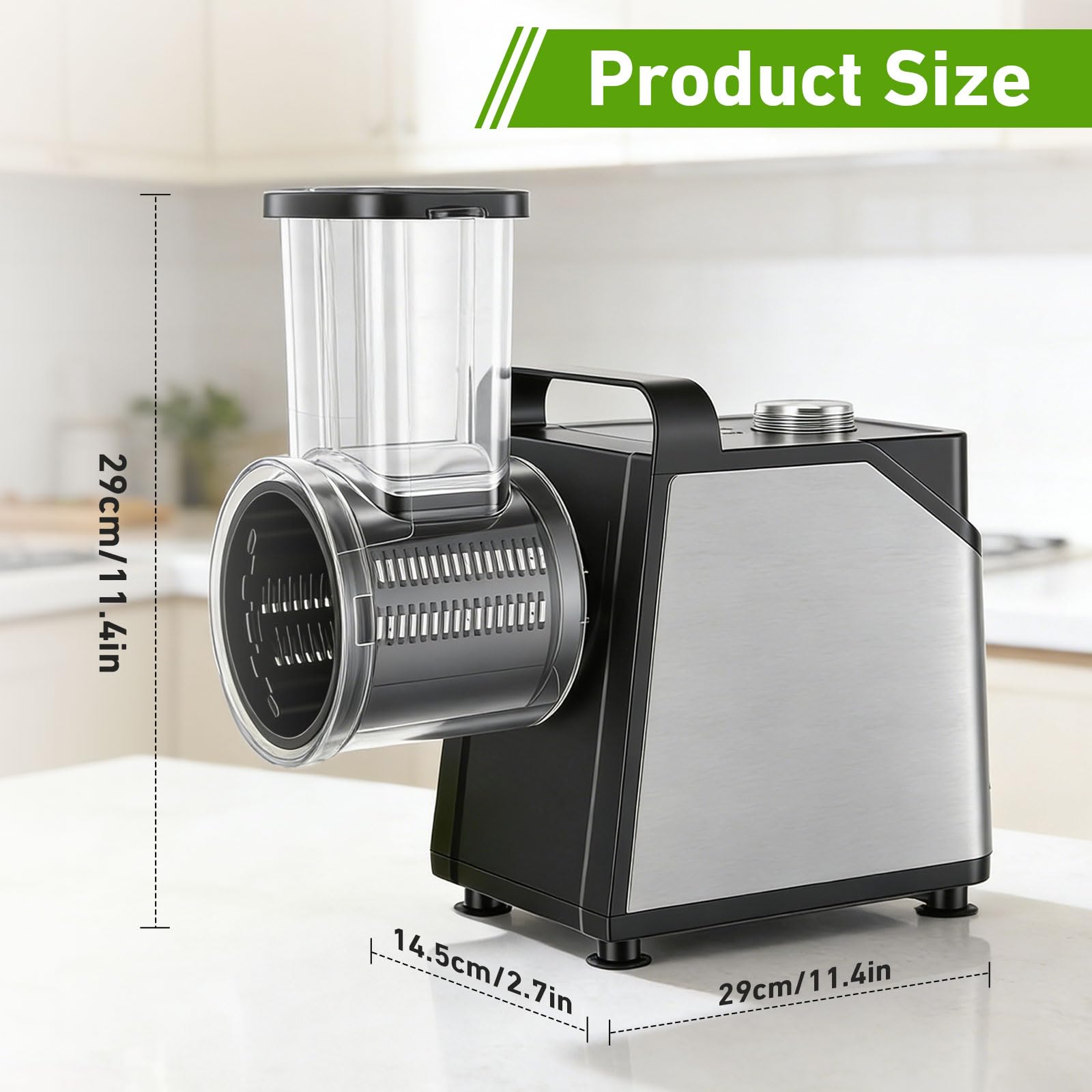 Rallador Eléctrico de Verduras y Fruta 250W, 7 en 1 Mandolina Electrica con 7 Cuchillas de Acero Inoxidable, Cortador de Verduras Electrico con Embudo de llenado Grande, para Verduras, Queso, Frutos