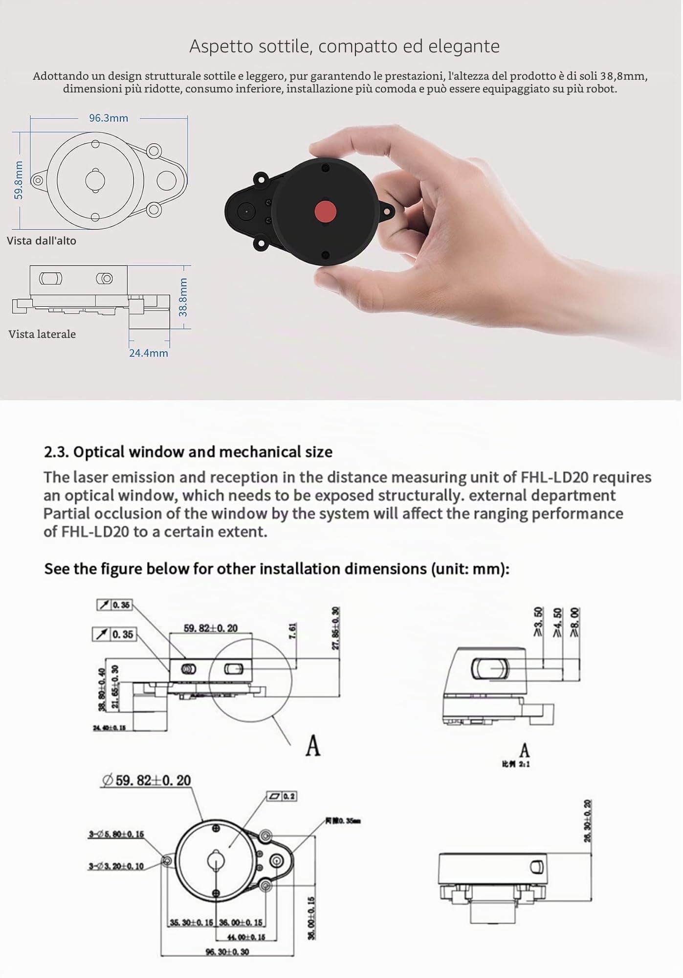 youyeetoo FHL-LD20 sensore Lidar 8 m 360° offre Compatibile con Raspberry Pi C/ROS1&2 tutorial, LiDAR LD20 triangolato, software di controllo avvio e arresto (LD20 Lidar Kit)