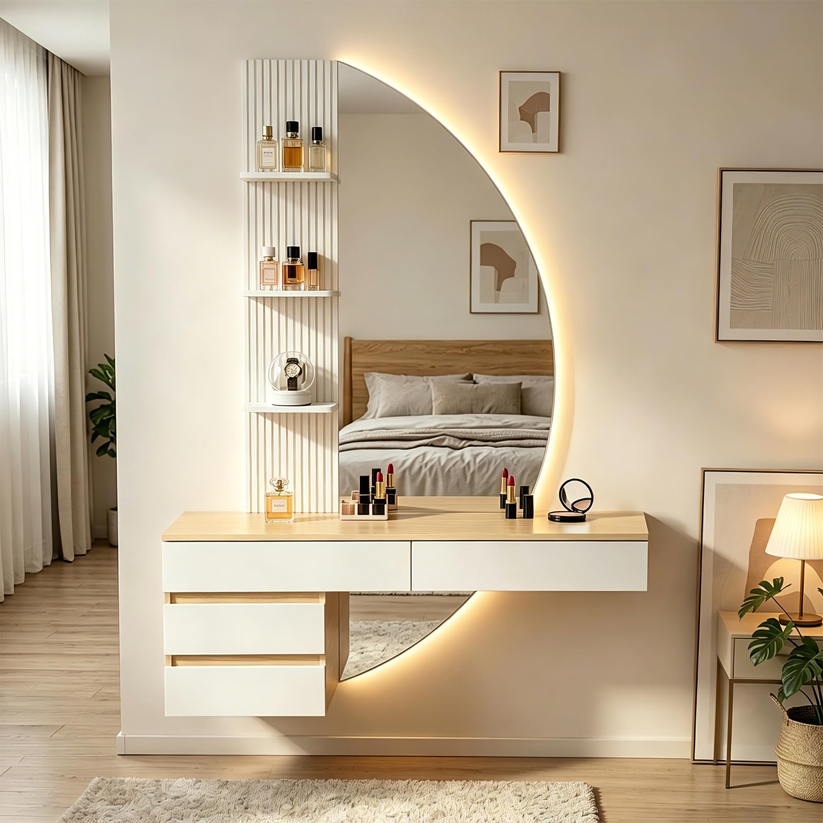 TRIUMPHKEY Schminktisch mit Beleuchtung und Spiegel – Moderner Hänge-Schminktisch mit LED-Licht, dimmbarem HD-Spiegel & großem Stauraum – Platzsparender Frisiertisch für Schlafzimmer