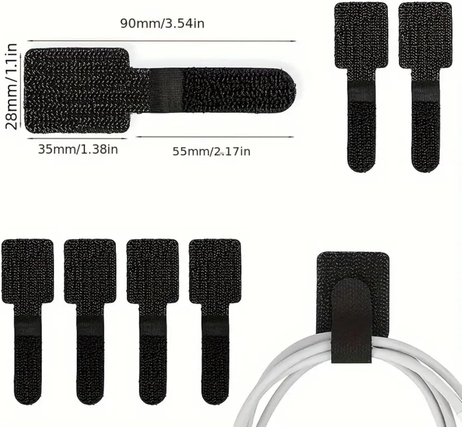 10 Pack Hook and Loop Cable Ties with Adhesive Back, Reusable Cord Organizer Straps for Wires, Cables, Home & Office Use (Black)