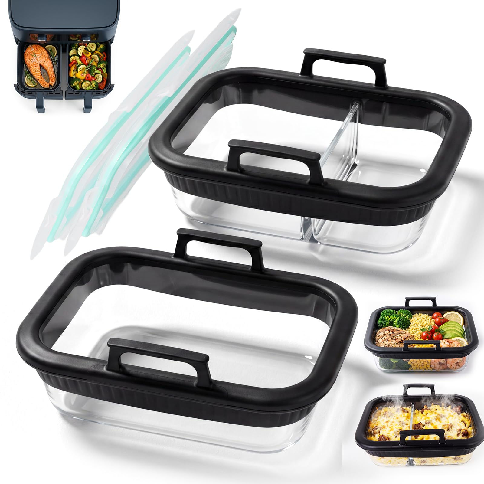 2er Set Plat à Gratin Airfryer Ninja,Plat Verre air Fryer AF400EU/AF500EU/SL400EU,Moule en Verre Sans BPA pour Friteuse à air Chaud,avec Anneau en Silicone Compatible Lave-Vaisselle