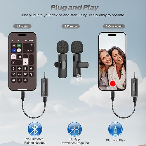 Miniatura 5 de Lavalier Paquete de 2 minimicrófonos inalámbricos profesionales 4 en 1, para iPhone, Android y cámara, de solapa, con reducción de ruido, retardo