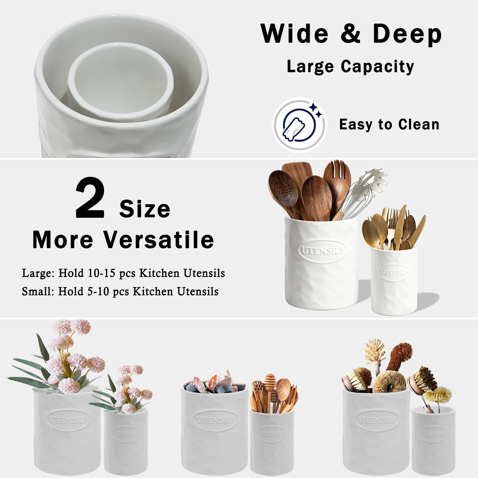 Utensilienhalter Set aus 2 Teilen aus Keramik (18.5cm+13.8 cm) für Kochutensilien, Große Moderne Farmhouse Aufbewahrungsvase für Arbeitsplatte, als Hauswarming Geschenk und Küchendekoration in Weiß