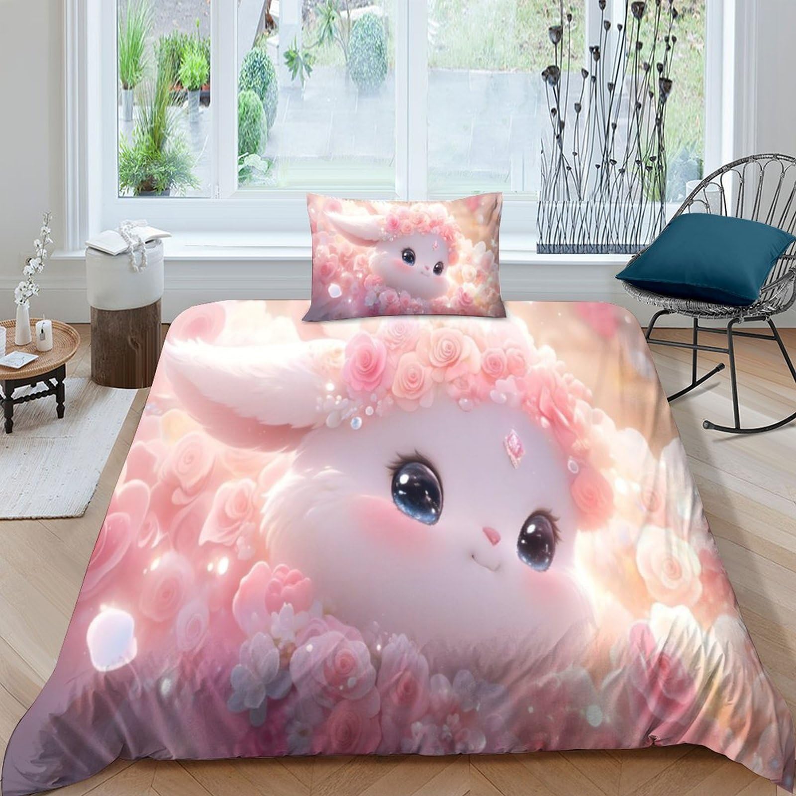 Housse de couette lapin rose IOFEER parure de lit 3 pièces microfibre 135x200cm avec taies