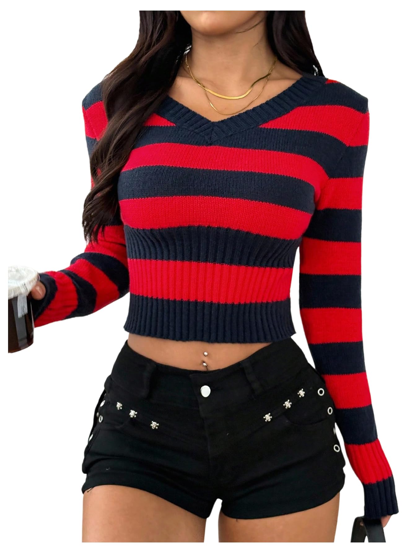 Floerns Womens Striped One Shoulder Sweaters V Neck Going Out Knit Crop Fall Tops