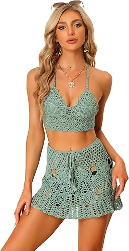 Miniatura 11 de Allegra K Conjunto de bikini de 2 piezas para mujer, top con huecos, minifalda, verano, playa, conjuntos de punto de ganchillo Rosa encendido