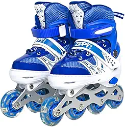 Zippy Toys Kit Patins In Line Ajustável, Azul. Tamanho 34 ao 37. Feito em Couro Sintético, PVC e Polipropileno. Indicado para Crianças Acima de 3 Anos. Kit com 09 Peças Para Proteger Seu Filho
