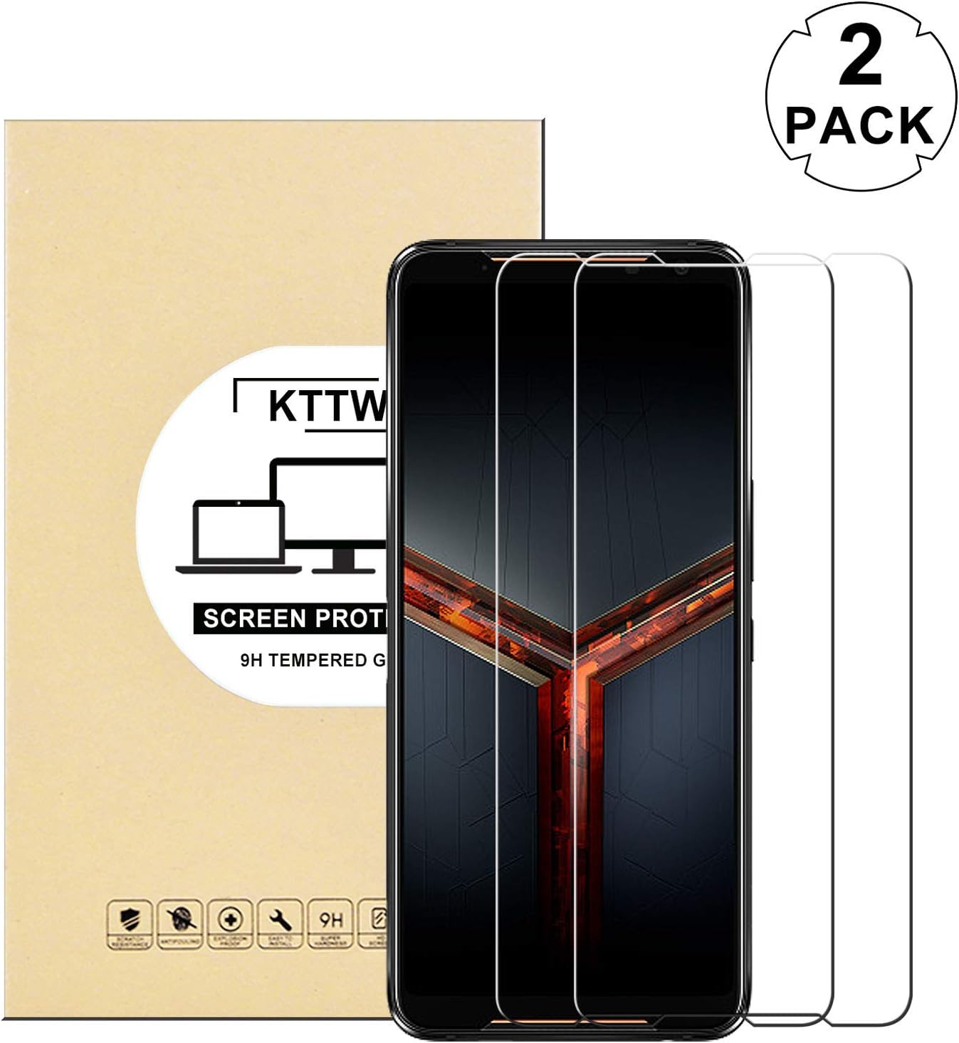 KTTWO for Asus Rog Phone 2 Screen Protector, [2PACK] 9H Hardness Tempered Glass Anti-Scratch Bubble-Free Screen Protector for Asus ROG Phone 2