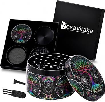 Grinder Large Crusher, 63 mm Tree of Life Grinder, 4 Layers, for Spice, Herbs, Seasonings, Herb, Coffee with Pollen Scraper and Brush, Gift for Special Occasions