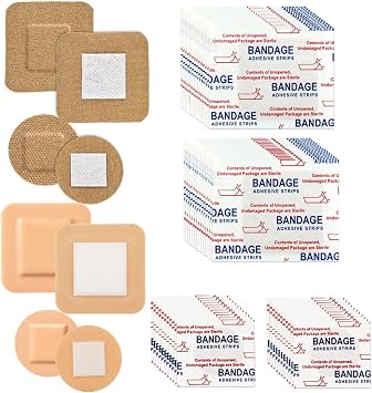 120 Pcs Adhesive Round Square Fabric Bandage and Waterproof Bandage Bulk Flexible Nose Face Bandage for Emergency Treatment Skin Wound Care