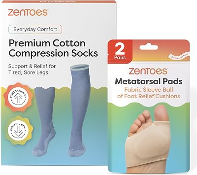 ZenToes Daily Comfort & Protection - Basic Compression Socks Medium, Frosted Blue, Wide Width + Metatarsal Pads Medium, Beige