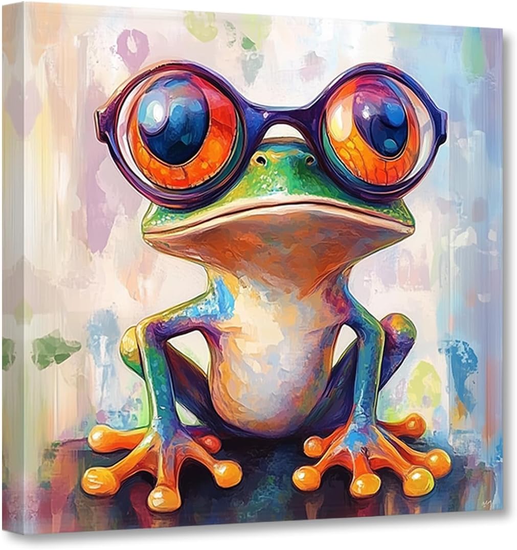 DOARTDO Frog Canvas Wall Art Colorful Animal Paintings Print Frog Wearing Glasses Pictures Funny Animals Poster Kids Room Nursery Decor Frame (12.00" x 12.00")