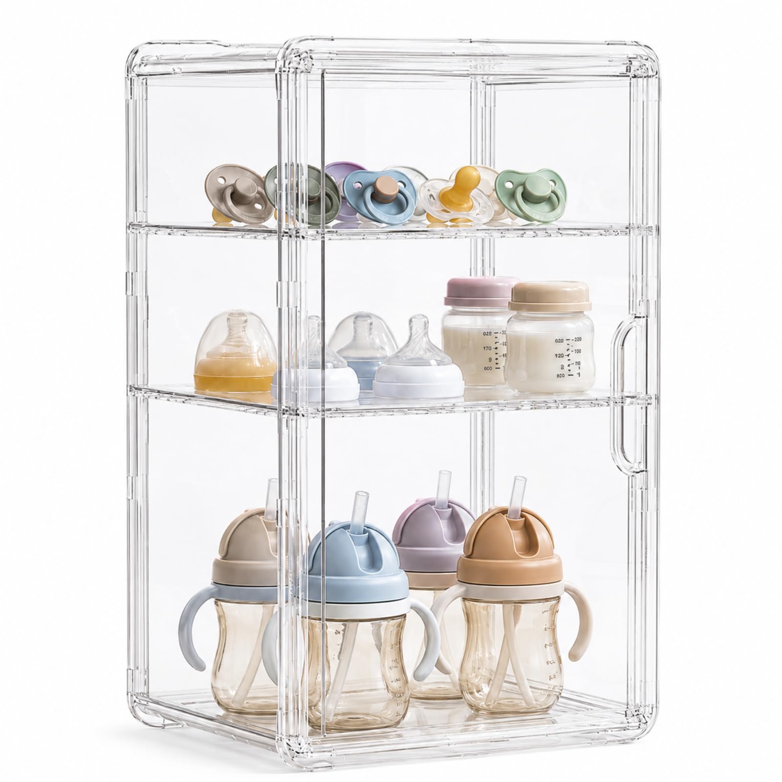 Raoletin Baby Bottle Storage Box 3-Tier Clear Plastic Bottles Storage Container, Stackable Baby Bottle Organizer with Magnetic Door and 2 Removable Dividers for Nursery, Kitchen Countertop Station