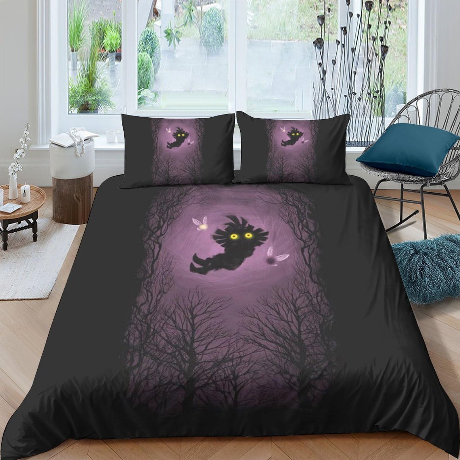 GPLZQXKJNH 3D Printed Dark Enchanted Forest Duvet Cover Microfiber Soft Purple Cat Quilt Cover Set with 2 Pillowcases for Bedroom Apartment Single（135x200cm）
