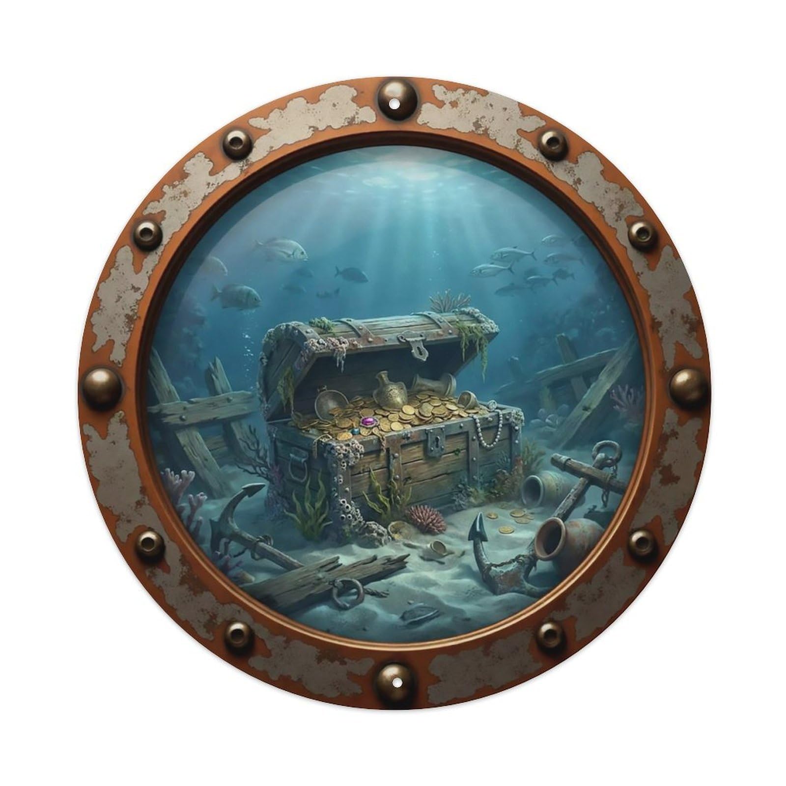 Odgynaw 8X8inch(20X20cm) Vintage Porthole Sunken Treasure Nautical Window View Metal Tin Sign