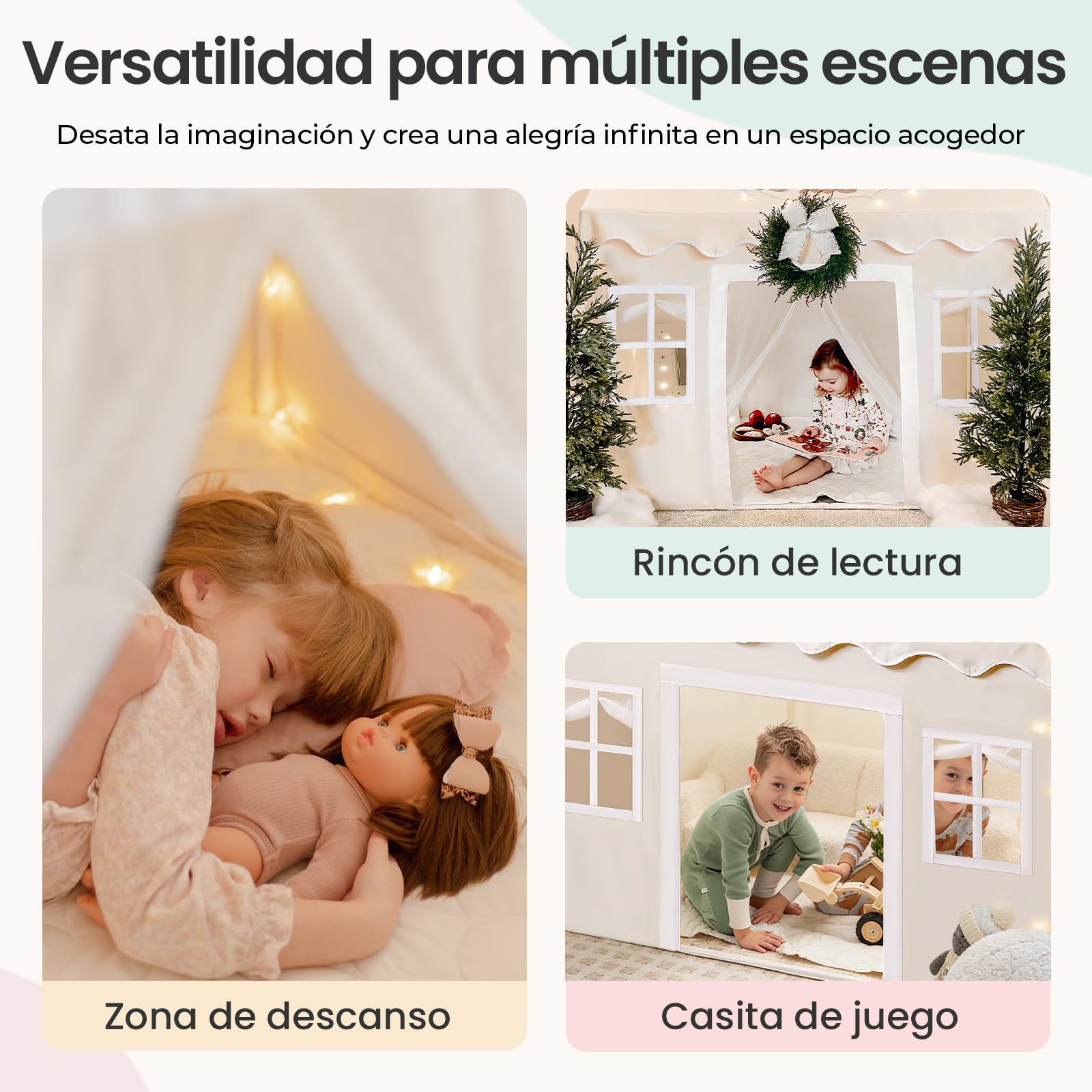 Tiny Land Tienda de Campaña Infantil con Tapete Suave y Luces, Casita Infantil de Tela Lavable, Rincón de Lectura para Dormitorio, Regalo para Niños y Niñas 3-13 Años - 133x90x136 cm