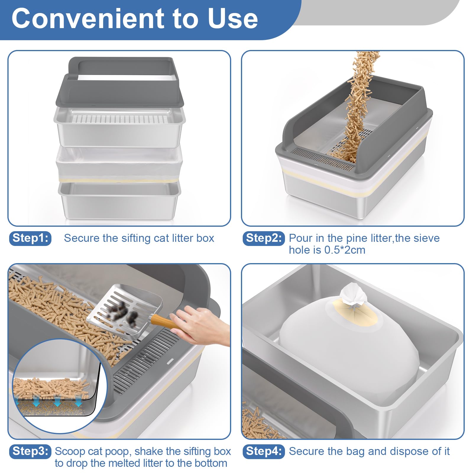XXXL Stainless Steel Sifting Litter Box with Lid, 28'' L &times; 20'' W Extra Large Sifting Cat Litter Box for Pine Pellets & Big Cats & Multiple Cats, Metal Pellet Sifter Litter Pan System for Odor Control - image 7