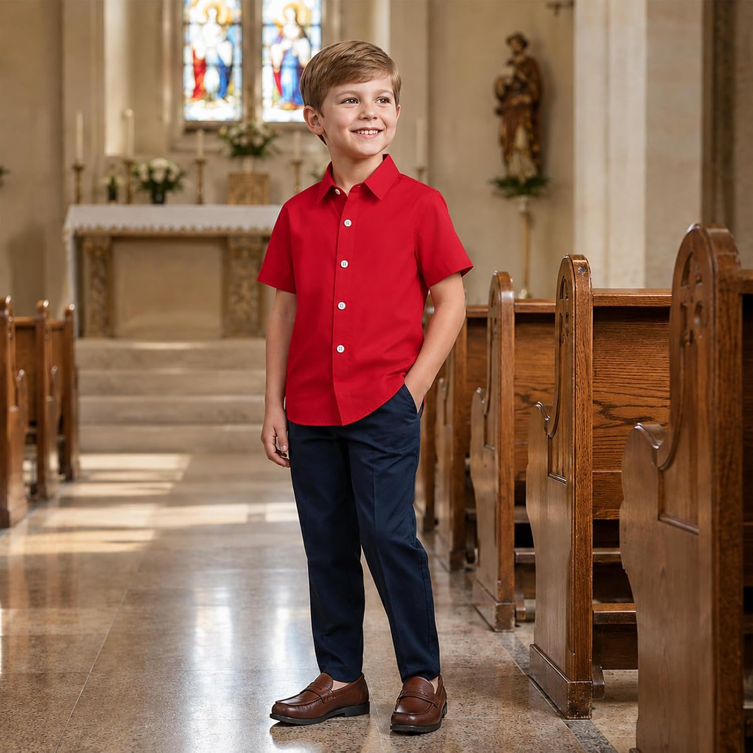 Boys Dress Shirts Short Sleeve Collared Boys Button Down for Kids Age 5-14Y