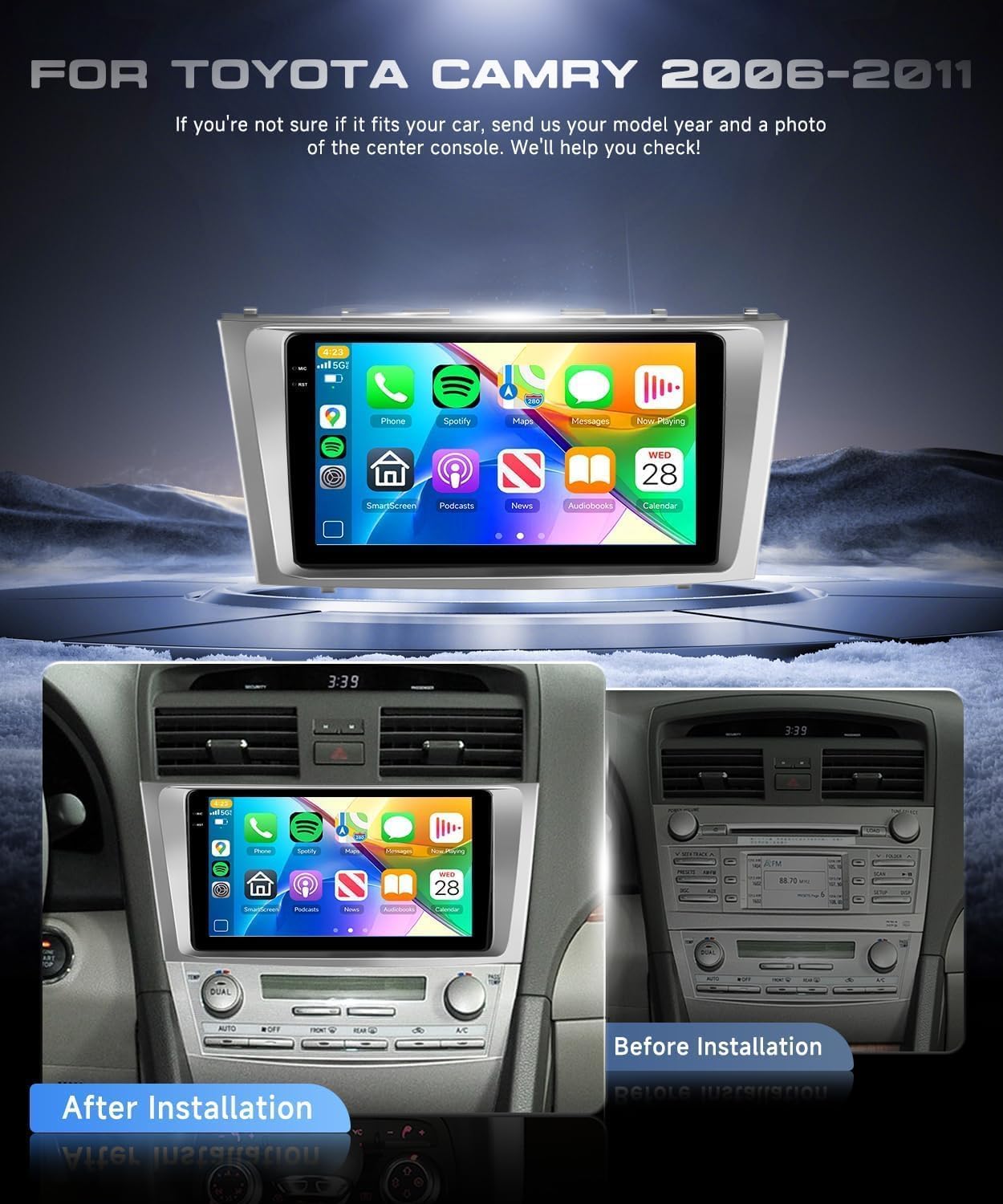 4G+64G Android 15 Car Stereo for Toyota Camry 2006-2011 with Wireless Carplay Android Auto, 9 Inch 1280 * 720 Touch Screen GPS/ 5G WiFi/Bluetooth 5.0/ FM/32EQ/ SWC/Backup Camera 3