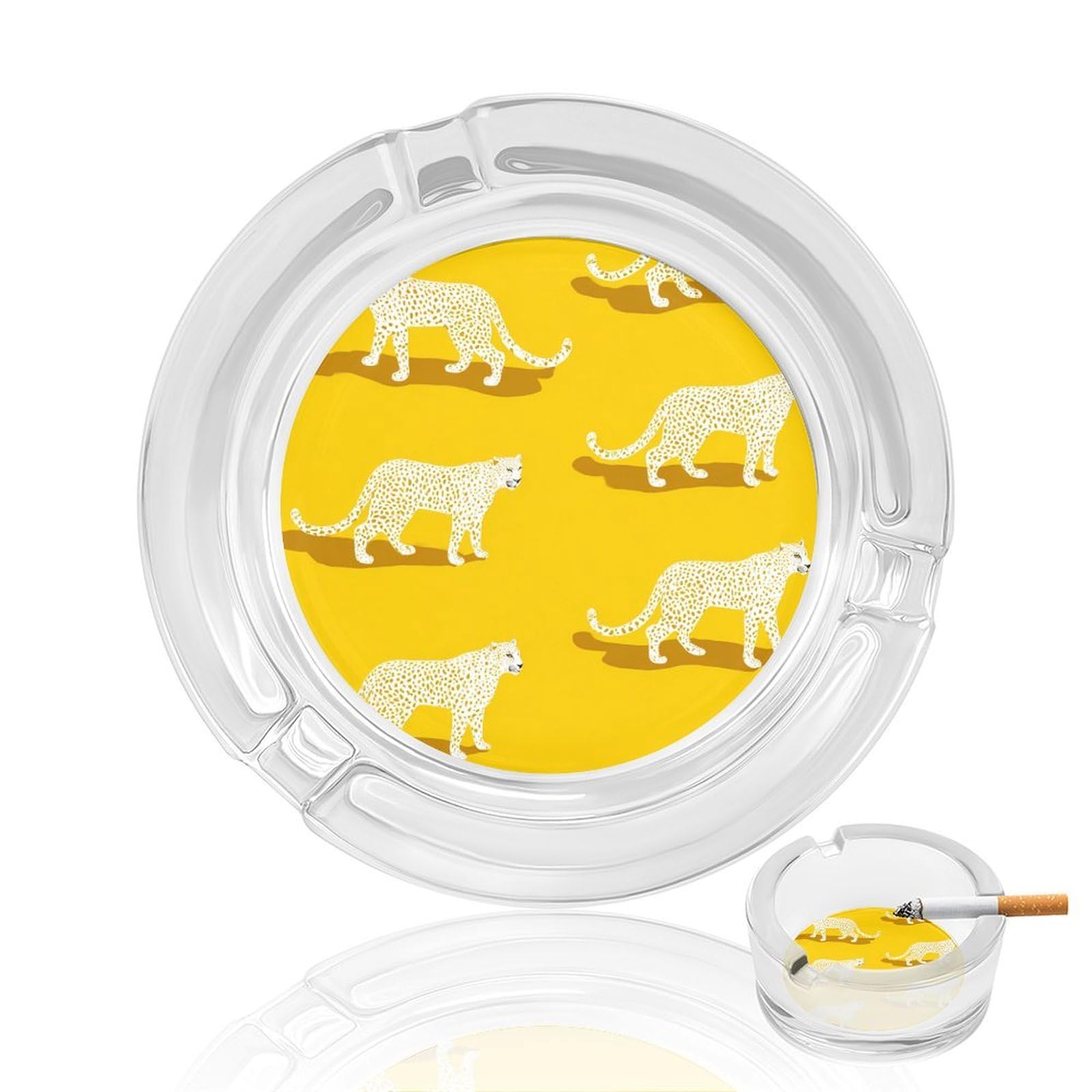 White Leopard on Yellow Glass Ashtray for Cigarettes Portable Decorative Ash Trays for Home Office Decor