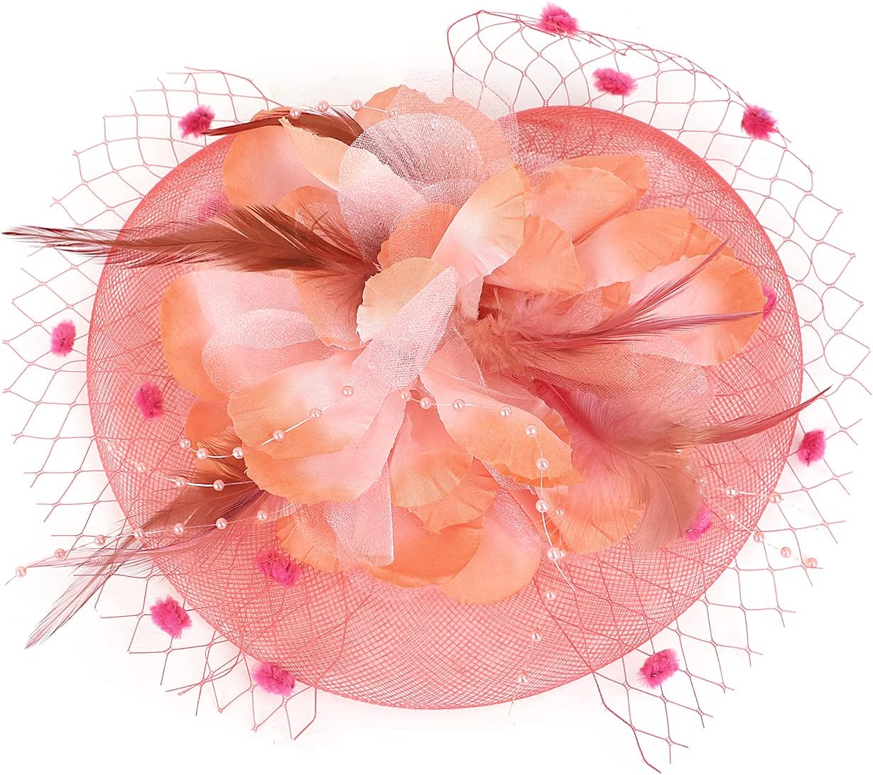 Womens Fascinator Hats Headband Pillbox Hat Bowler Veil Mesh Ribbons Headwear Wedding Party Hat for Women Lady Girls (Style 3-Salmon Pink) - Image 4