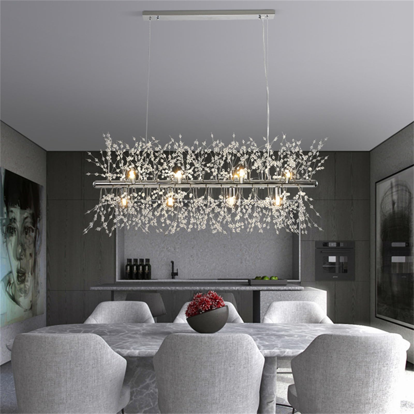 Leomix Chrome Modern Crystal Firework Chandelier, 90Cm 12-Light Linear Dining Room Lighting Fixtures Hanging, Dandelion Chandelier Firework Ceiling Light Fixture For Living Room, Bedroom,