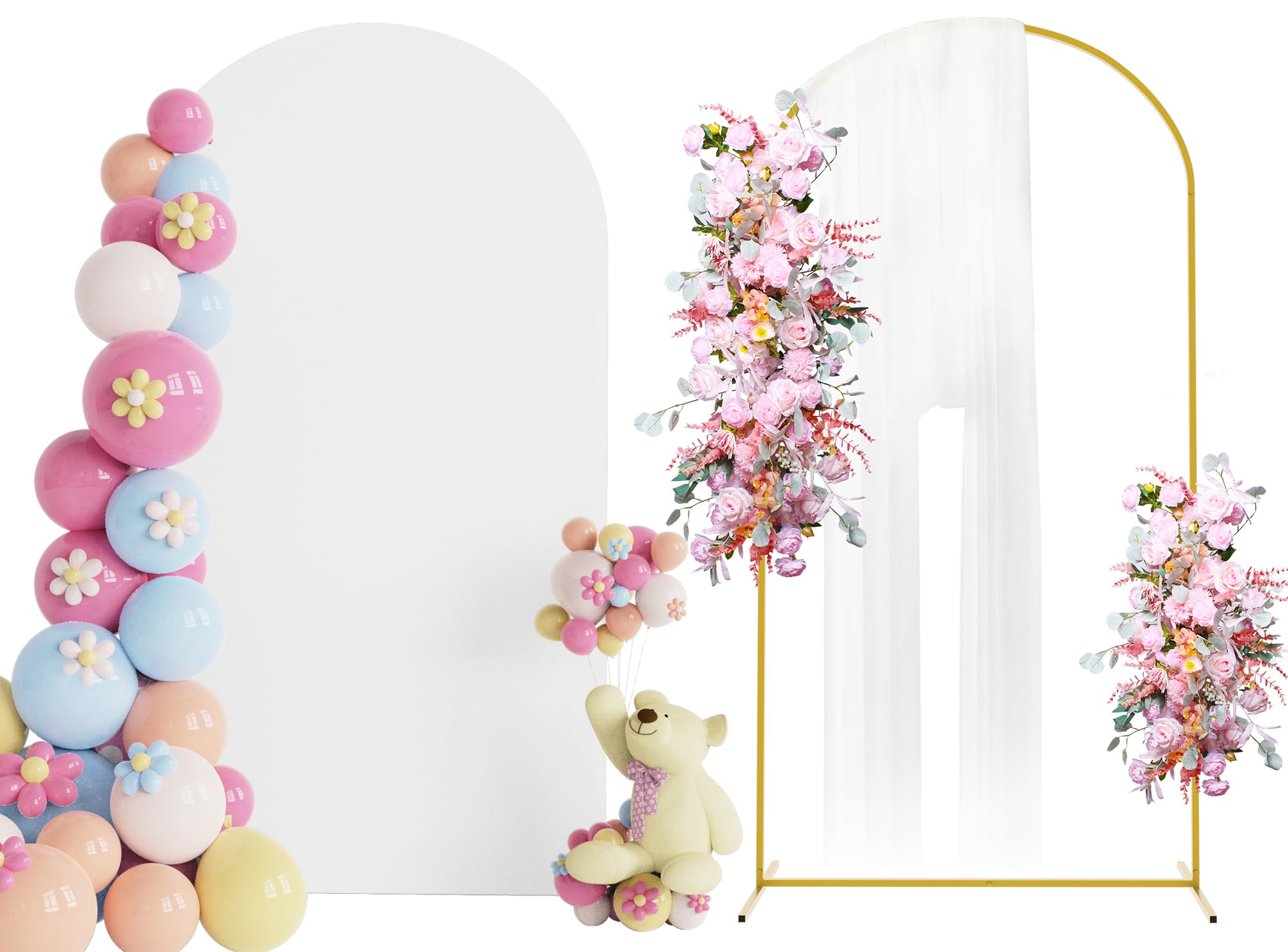 Putros 7.2ft Metal Arch Stand with Cover White Spandex Fitted Wedding Arch Cover and Round Top Chiara Backdrop Stand Set for Birthday Party Baby Shower Decoration