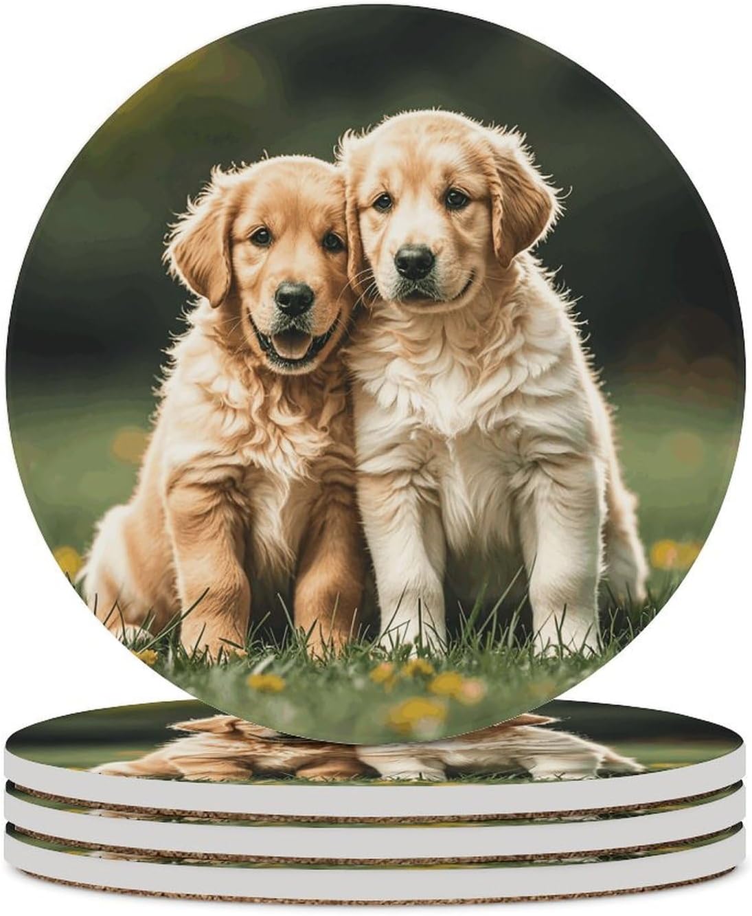 4PCS Coasters for Drinks Ceramic Coffee Coasters with Cork Backing Personalized Golden Retriever Dogs Puppies Pets Round Funny Coaster for Table Protection Coffee Table Decor