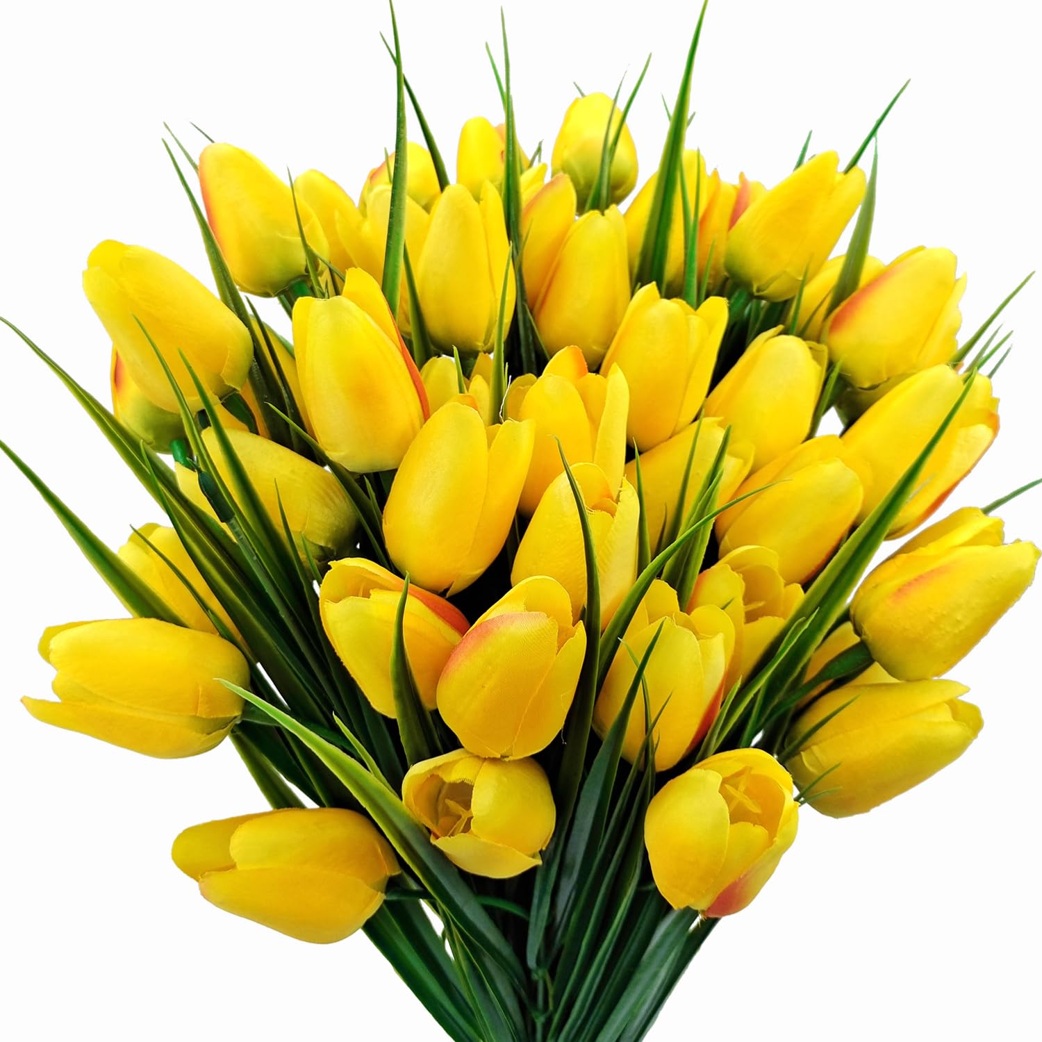 FOUSUKA Artificial Tulips Fake Flowers Outdoor UV Resistant 4 Bundles 40 Heads Silk Tulip Faux Plastic Greenery Plants Flower for Home Outside Garden Porch Window Planters Decor (Yellow)