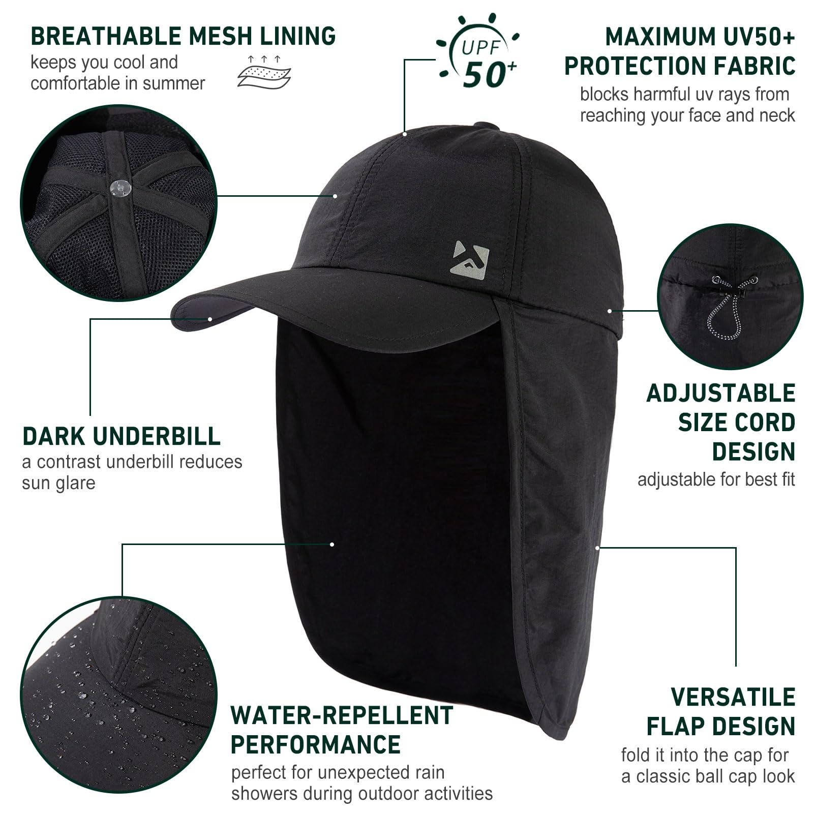 TOP-EX L/XL/XXL UV50+ Gorra de béisbol impermeable con solapa para el cuello