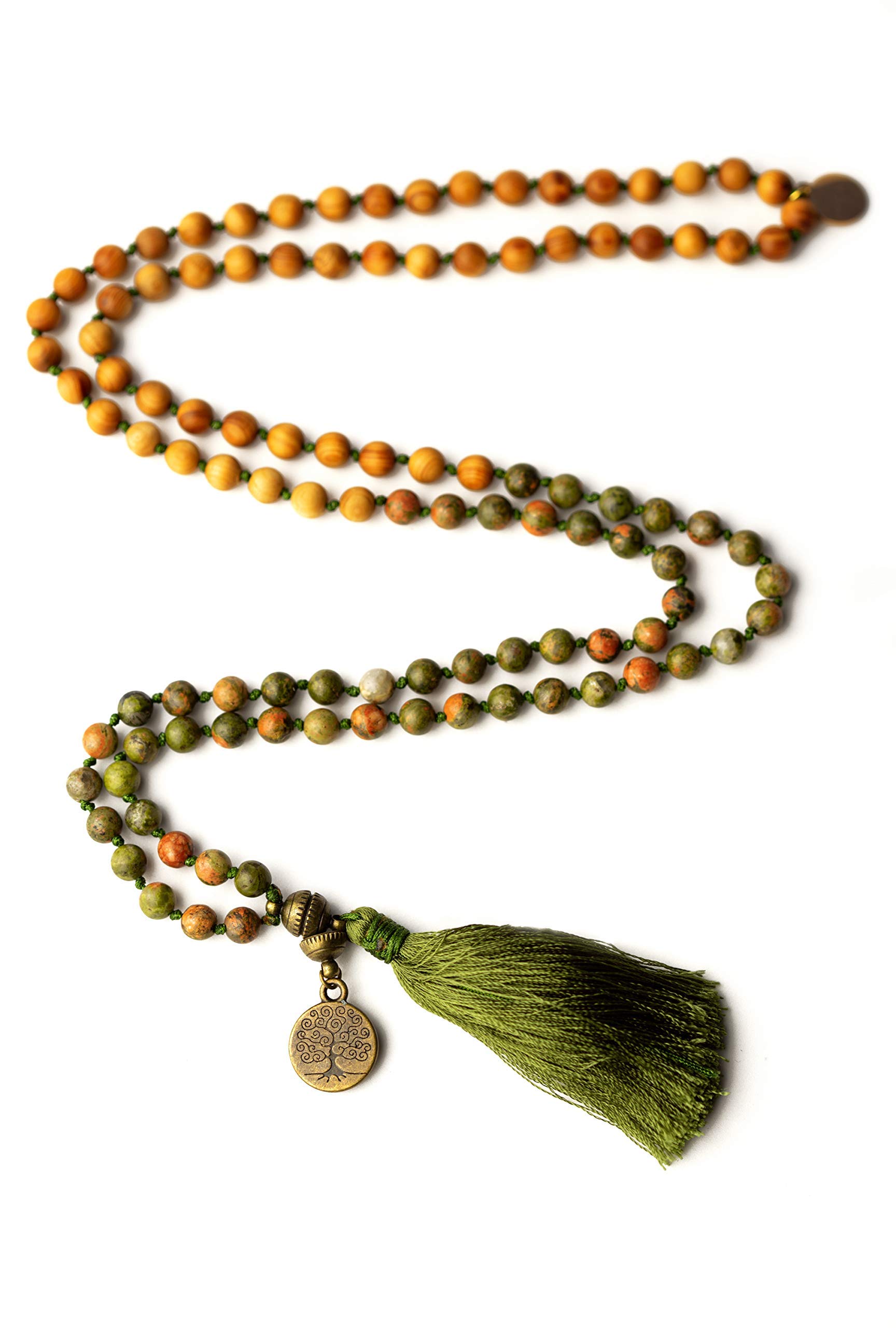 Unakit Edelsteinschmuck Mala Edelsteinkette Yoga Meditation Geschenk-Set mit Holzbox Jute-Täschchen Affirmationskarten REGENERATION & KRAFT Naturstein Sandelholz handgemacht in Deutschland