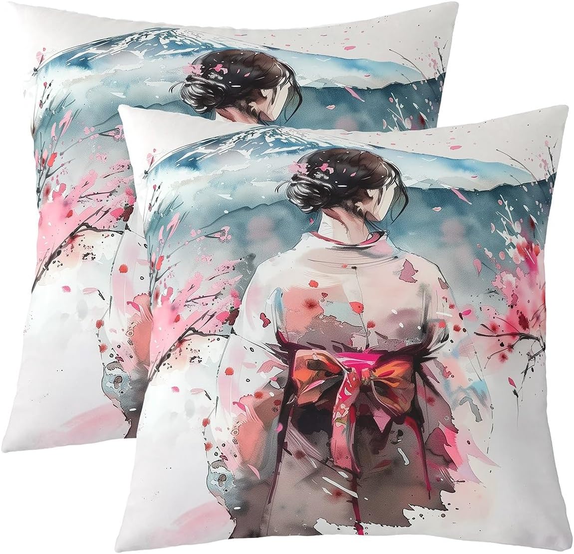 jejeloiu Red Black Japanese Throw Pillow Covers 24 x 24-Inch Kid Red Cherry Blossoms Square Cushion Covers Set of 2 Boys Girls Moon Mount Fuji Pillow Cases Retro Tower Throw Pillowcases for Sofa Couch