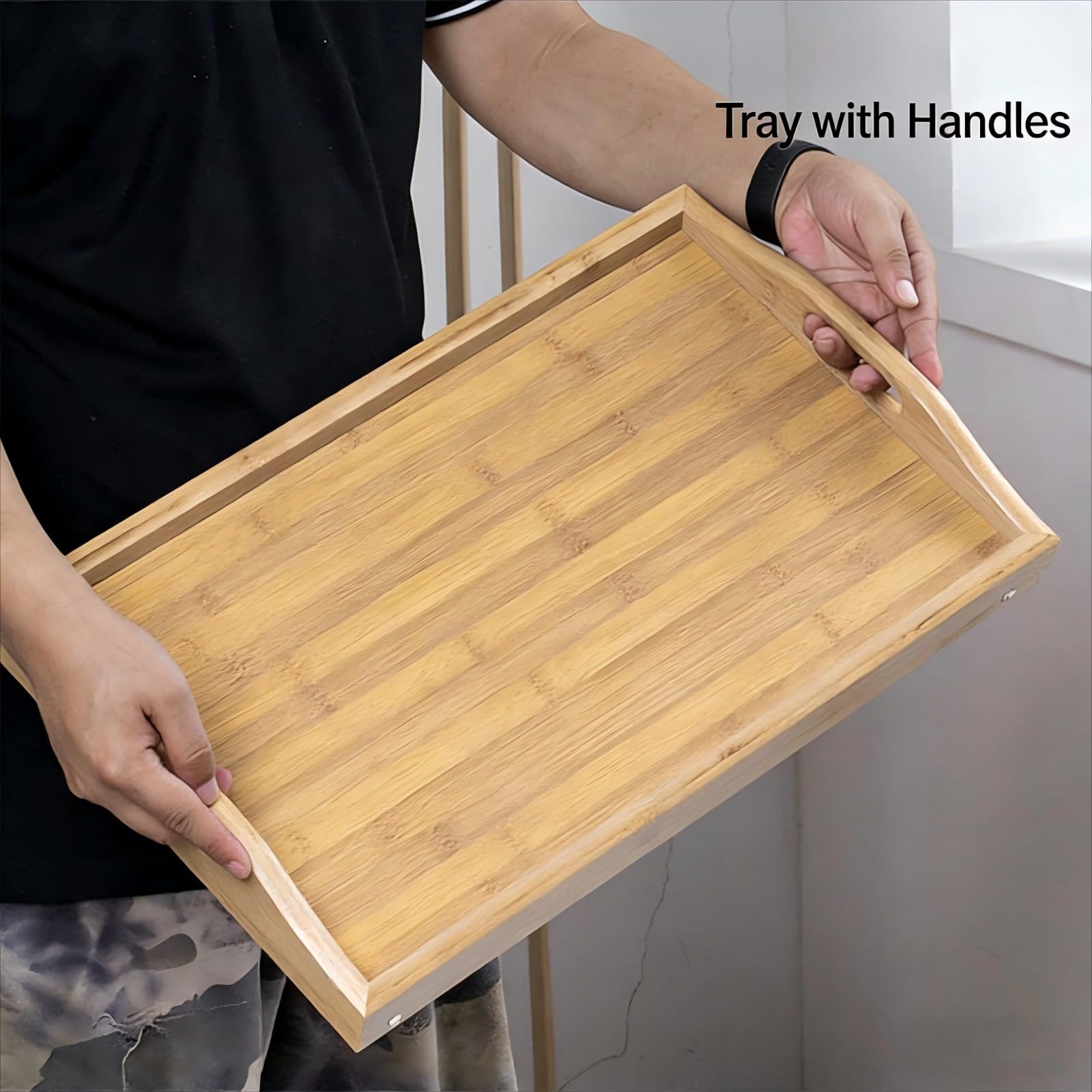 Plateau de lit en bambou naturel avec pieds pliables – Parfait pour le petit déjeuner, les collations, le travail sur un ordinateur portable et le service dans le canapé ou la cuisine – Design
