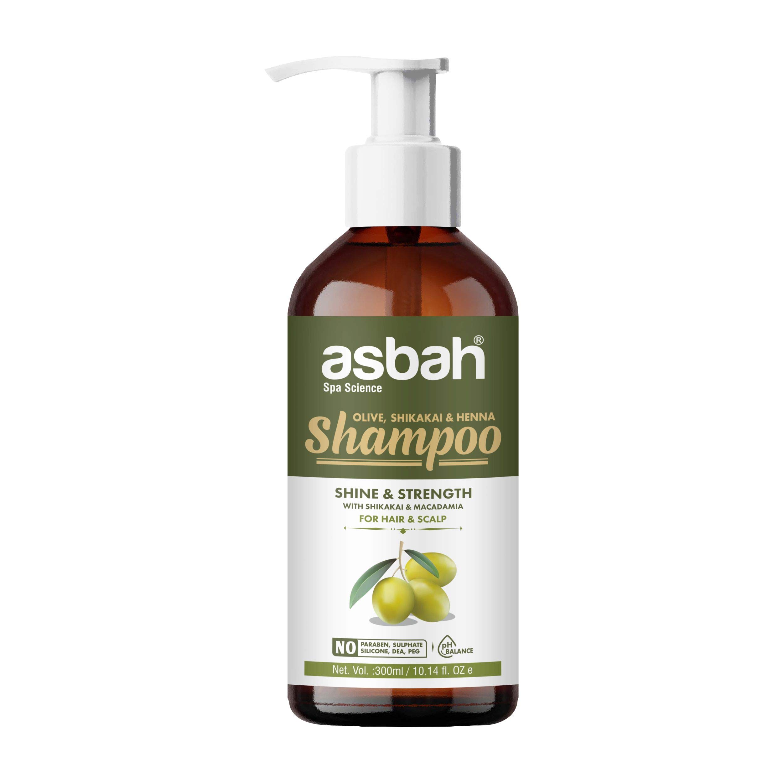 Asbah Olive, shikakai & Henna Shine & Strength Shampoo 300 ml, Free from Paraben, Sulphate