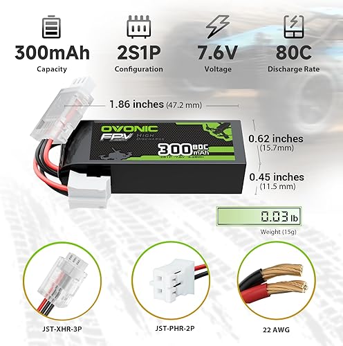 Miniatura 2 de OVONIC Batería Lipo de 7.6V 80C 300mAh 2S con enchufe JST 1 paquete que incluye 2 baterías