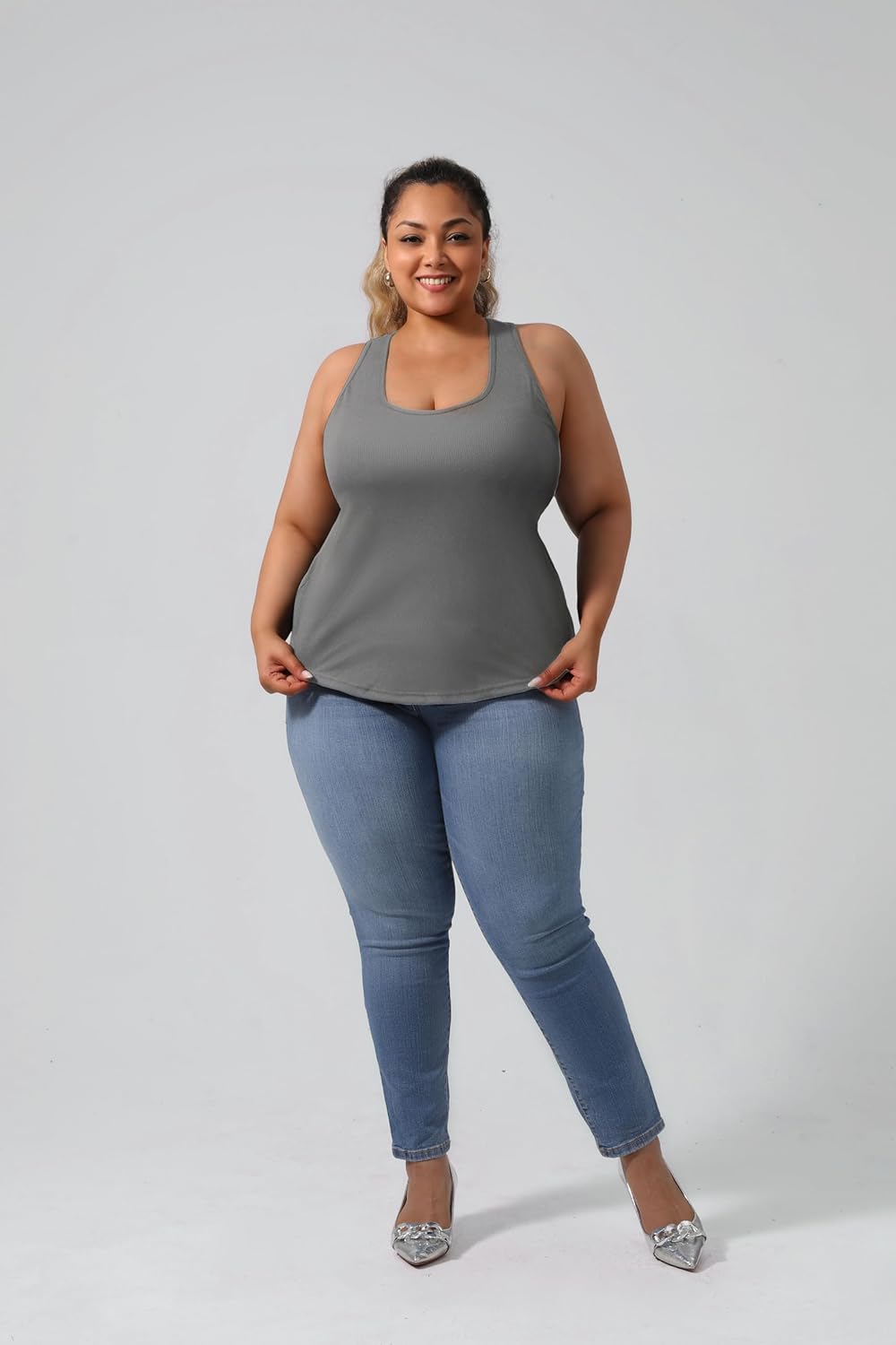 Plus Size Tank Tops for Women with Built in Bras,Sleeveless Camisole Casual Racerback Sports Curved Hem Shirts - Image 6