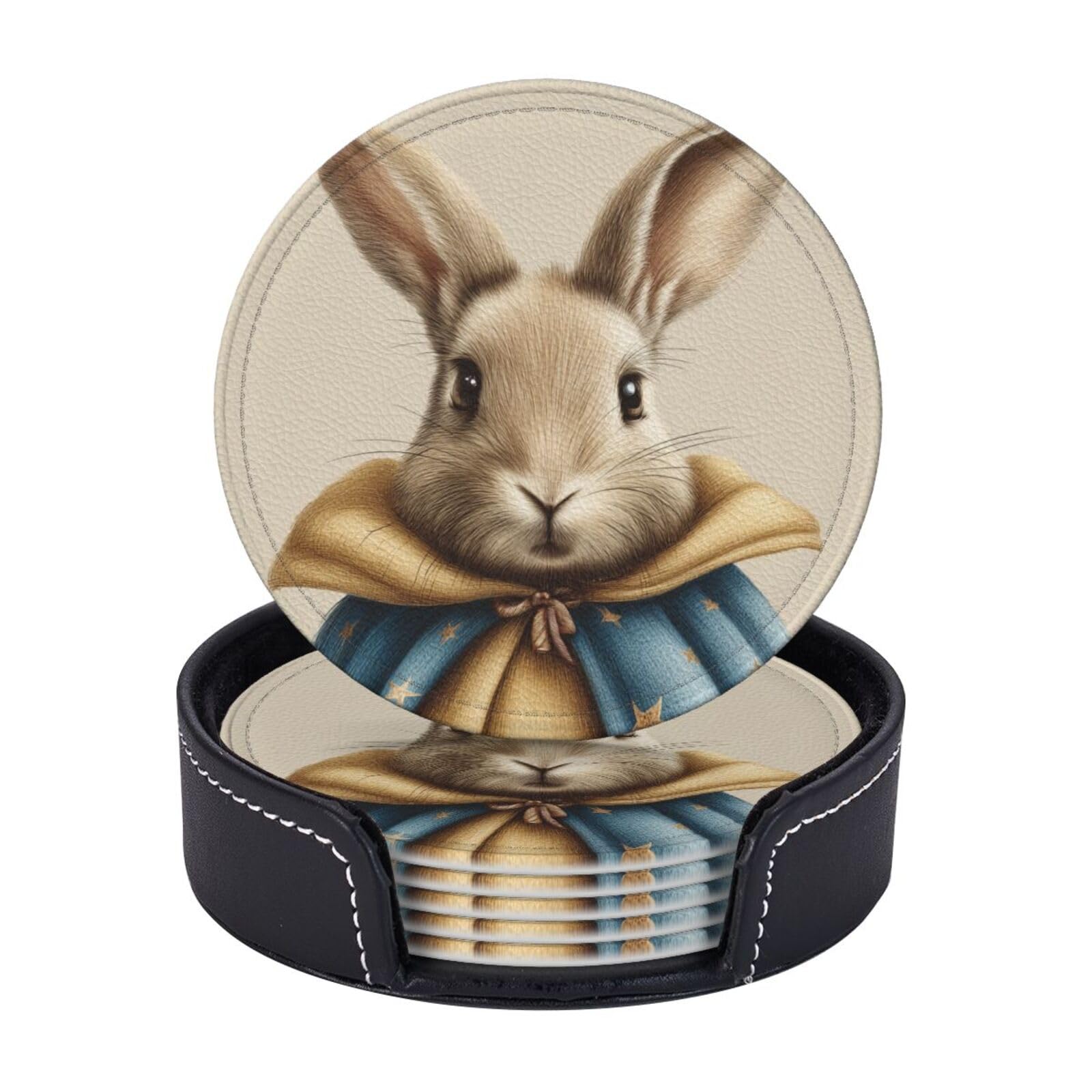 Dessous de verre en cuir premium et support : l'élégance du motif lapin à cape