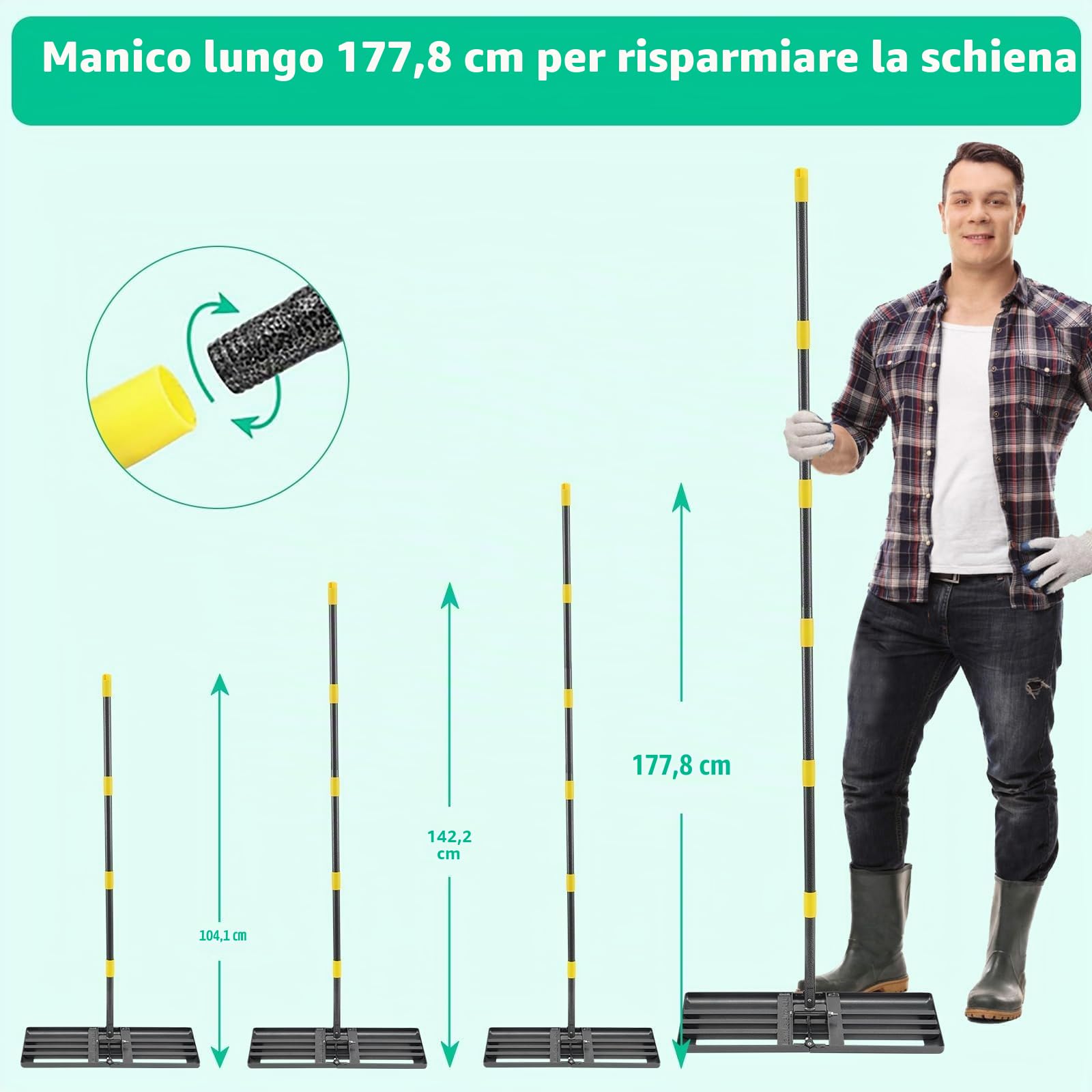 Rastrello per prato per livellamento, in acciaio inox, 157 cm, giardino, cortile