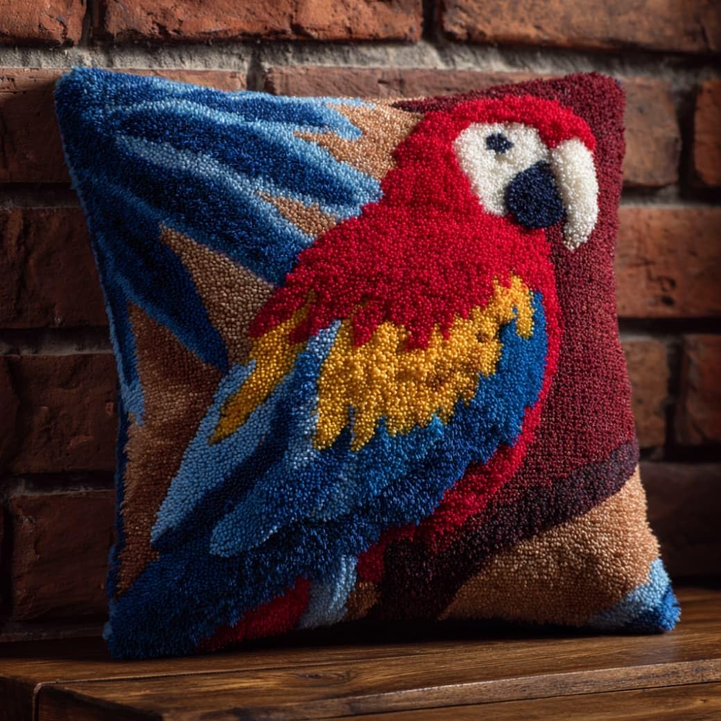 Henypt Easy Beginner Latch Hook Pillow Kit 43x43cm,Parrot Needlework Cushion Set Pre-Printed Canvas and Tool Included,Simple Sofa Decor Project