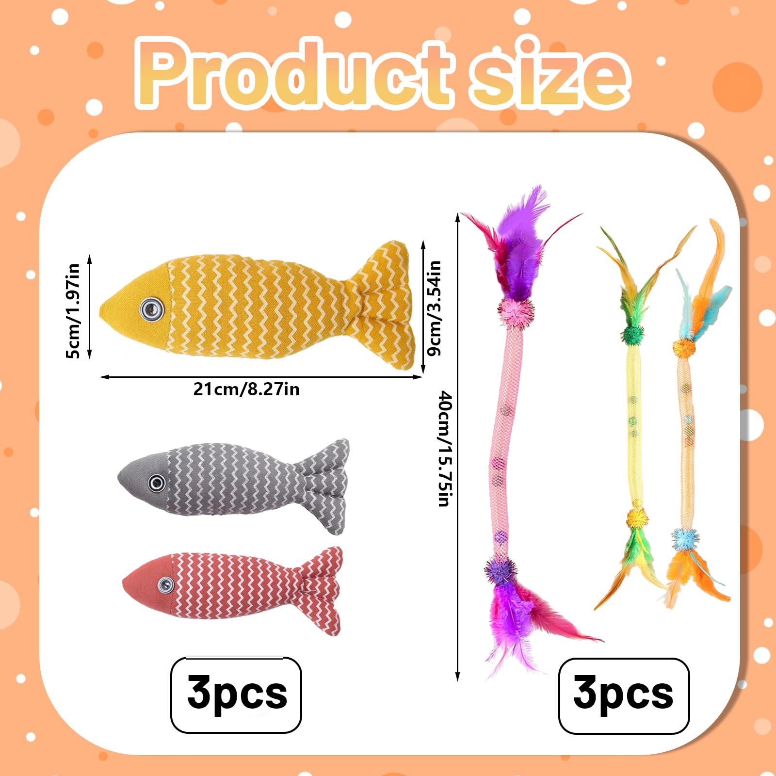 PonFxp 6 Pcs Cat Nip Toys Cats, 40cm Interactive Catnip Toy with Feathers and Bell, 21cm Fish-Shaped Kitten Toy - Image 2