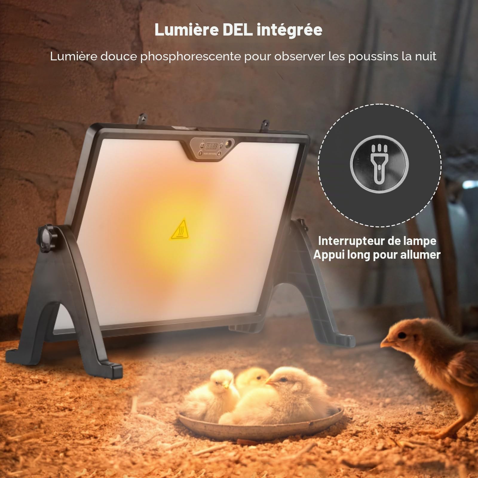 Plaque Chauffante Poussin 180W Double Face, Poulailler Chauffage avec Thermostat ±1℃ & Télécommande, 30-40℃ Réglable, 360° Pivotant & Hauteur Ajustable, Minuterie C6-C12, pour Poussins, Volailles