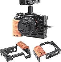 Vista 4 de Vlog - Jaula para cámara A7C, kit de estabilizador de video para cámara con mango de madera, con orificio de tornillo de 14 y 38 pulgadas y montaje
