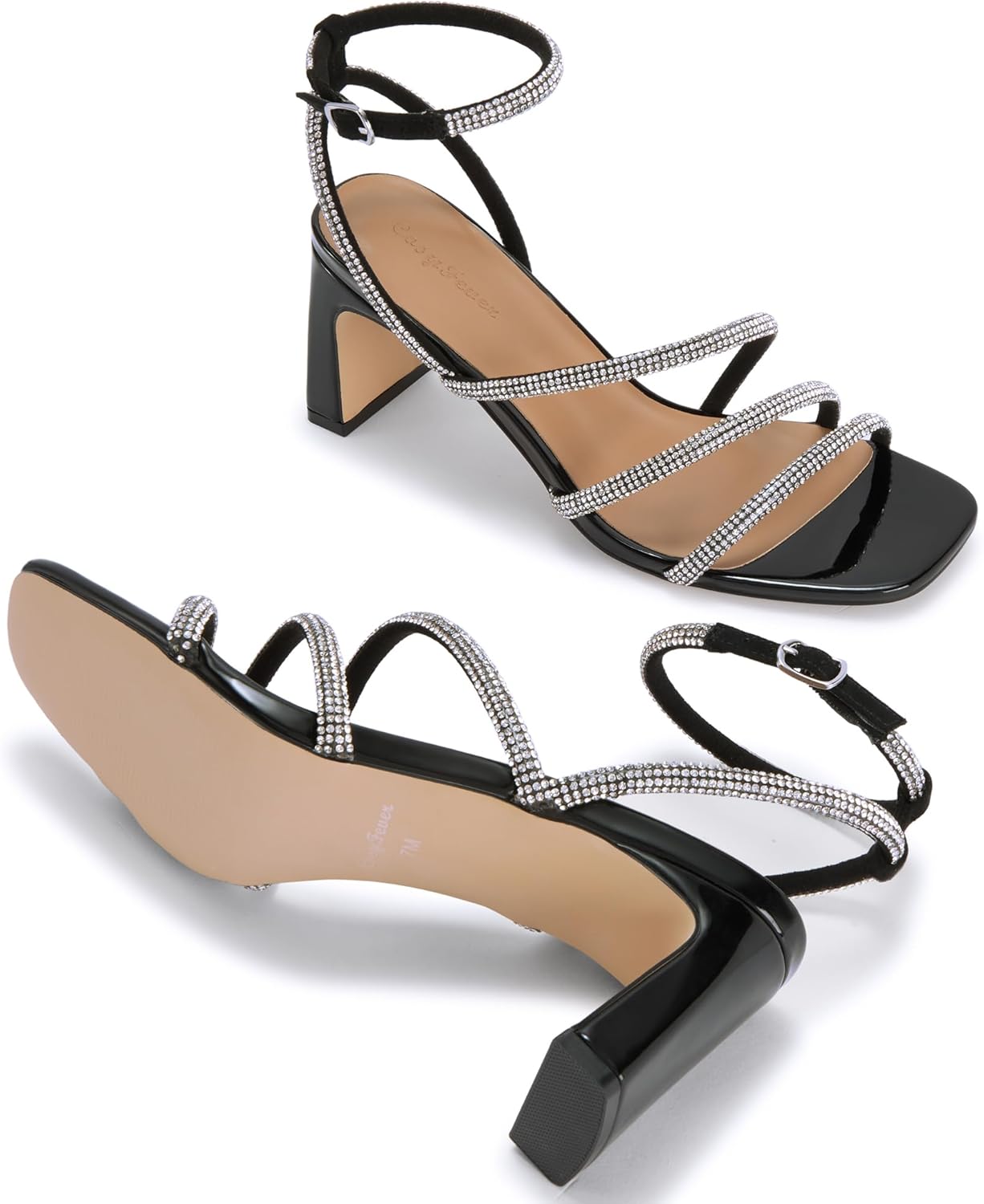 Womens Rhinestone Heels, Square Toe Ankle Strap Block Heel Dress Shoes for Wedding & Party - Image 6