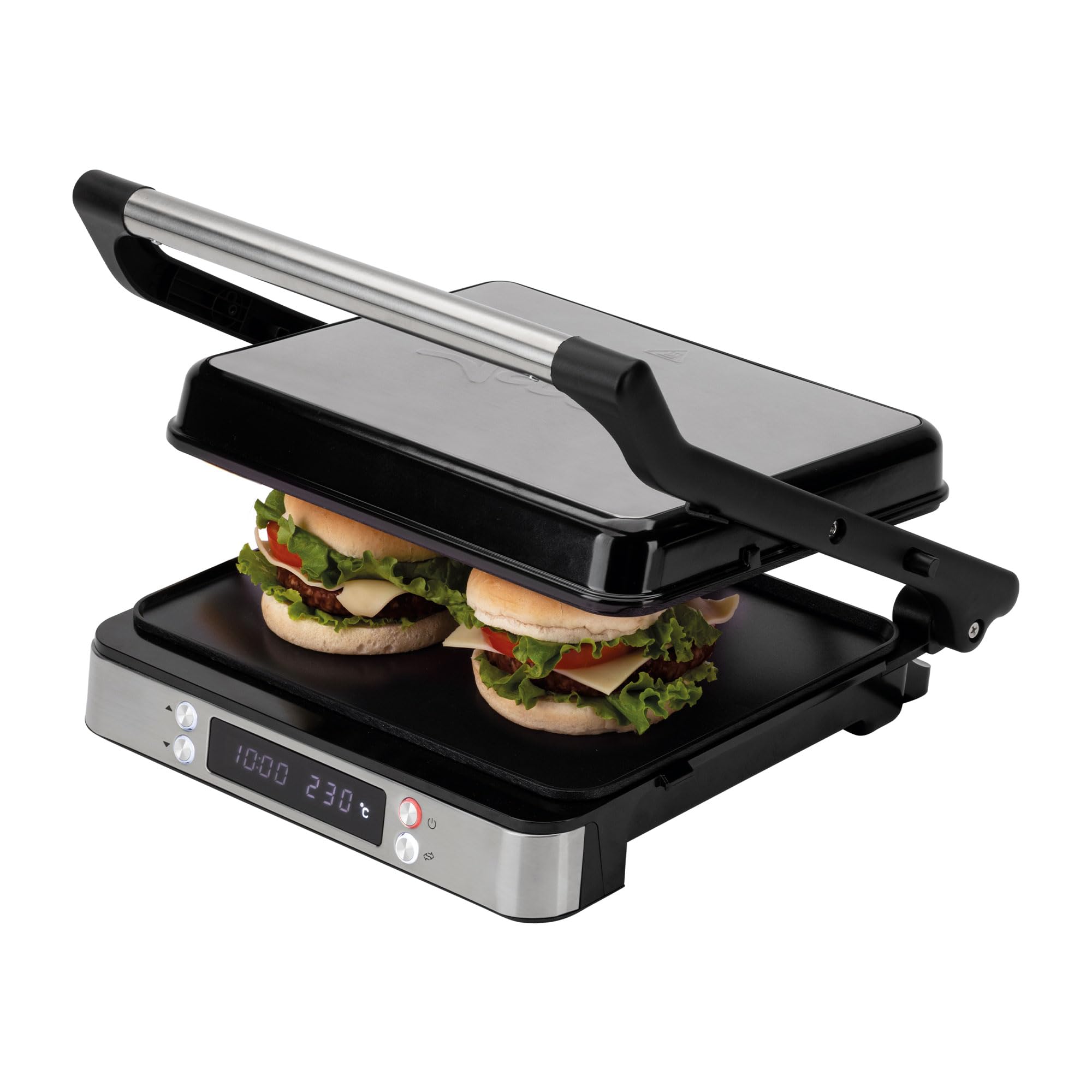JATA JEGR1529 - Grill Eléctrico Digital 2000 W. Parrilla con apertura total 180° | Pantalla LED | Placas mixtas antiadherentes sin PFOA | Tapa basculante | Bandeja recogegrasas