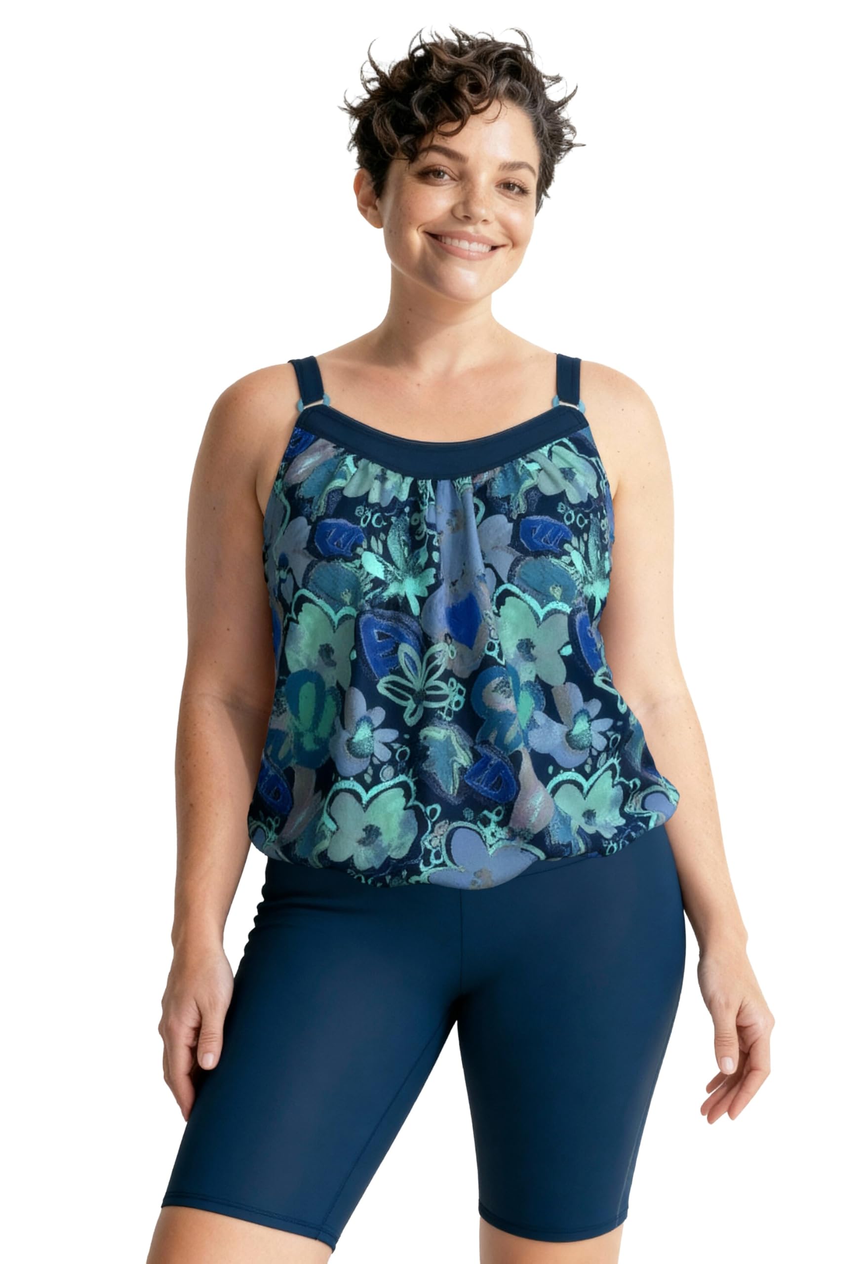 Ulla Popken Damen große Größen Übergrößen Plus Size Tankini mit Radler, Blüten, Softcups, Träger verstellbar 846560